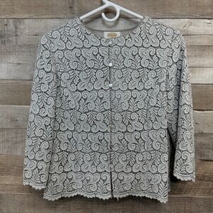 Talbots Vintage Silver Metallic Lace Special Occasion Jacket Pearl Buttons Sz 6
